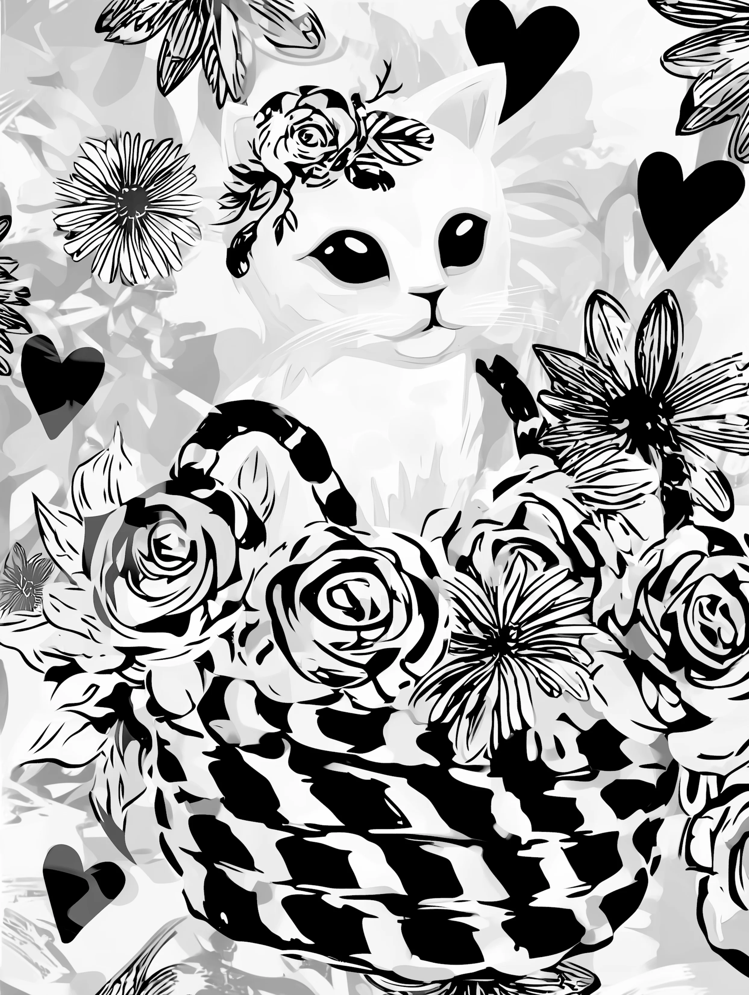 Free printable kitten coloring page featuring kitten in a black basket